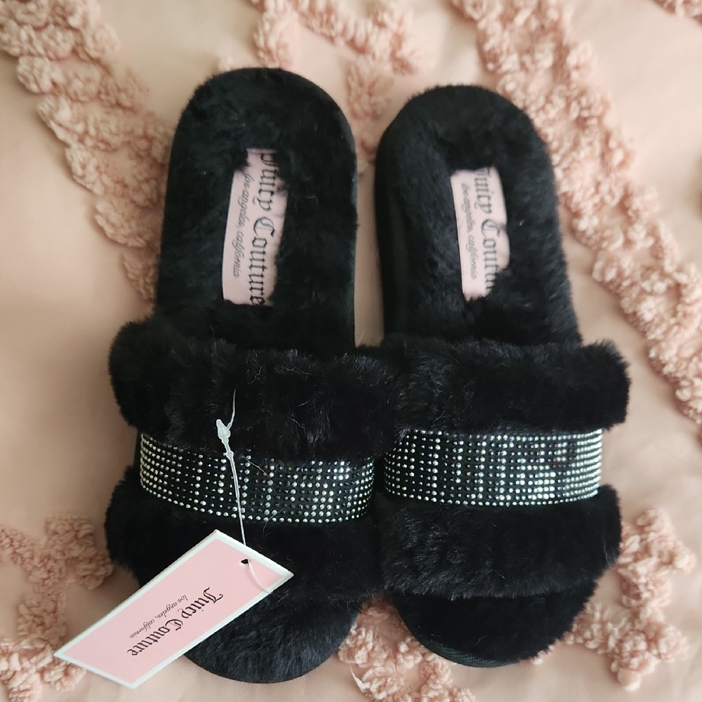 Juicy Couture Black Furry Rhinestone Slides